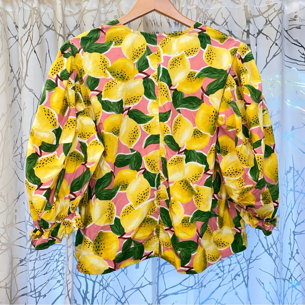 FARM RIO FRESH LEMONS PUFF SLEEVE SHIRT yellow green print balloon button up top - Picture 8 of 10